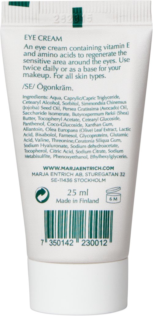 A tube of eye cream with ingredients listed, brand details, and a barcode. Suitable for all skin types.