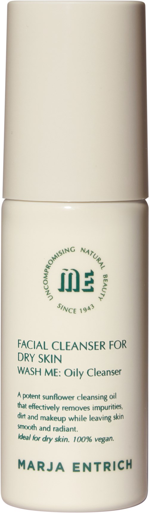 A white bottle of facial cleanser for dry skin from Marja Entrich with a pump top. Labels mention it's for dry skin.