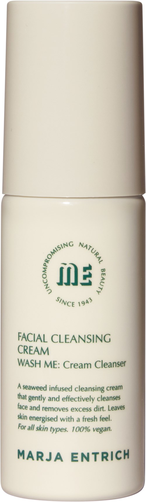 A white bottle of Marja Entrich facial cleansing cream with green text and logo, designed for sensitive skin.