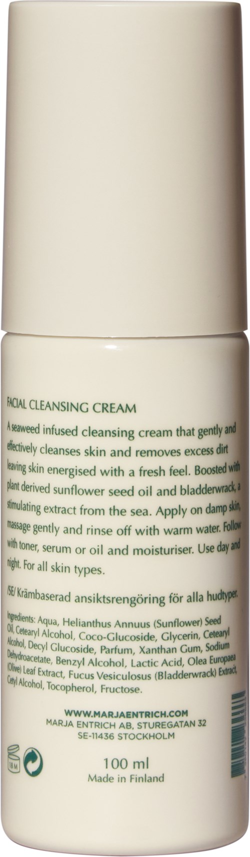 A white bottle of facial cleansing cream with text about ingredients and usage.