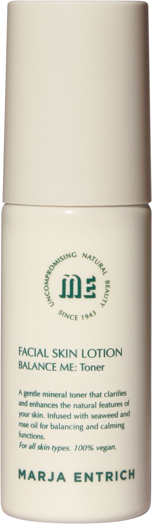 A white facial toner bottle labeled 'Balance Me: Toner' by Marja Entrich, with text about its benefits for skin.