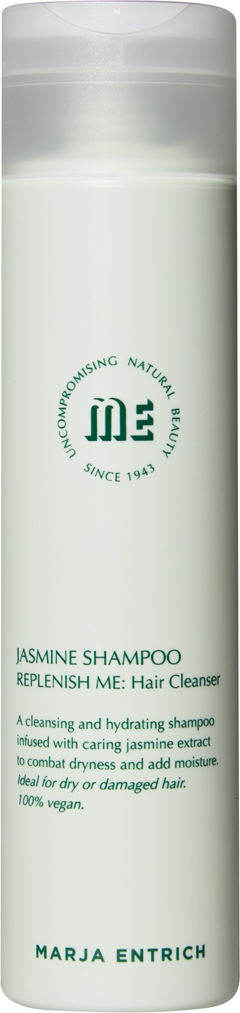 A tall, white bottle of jasmine shampoo with green text and a flip cap.