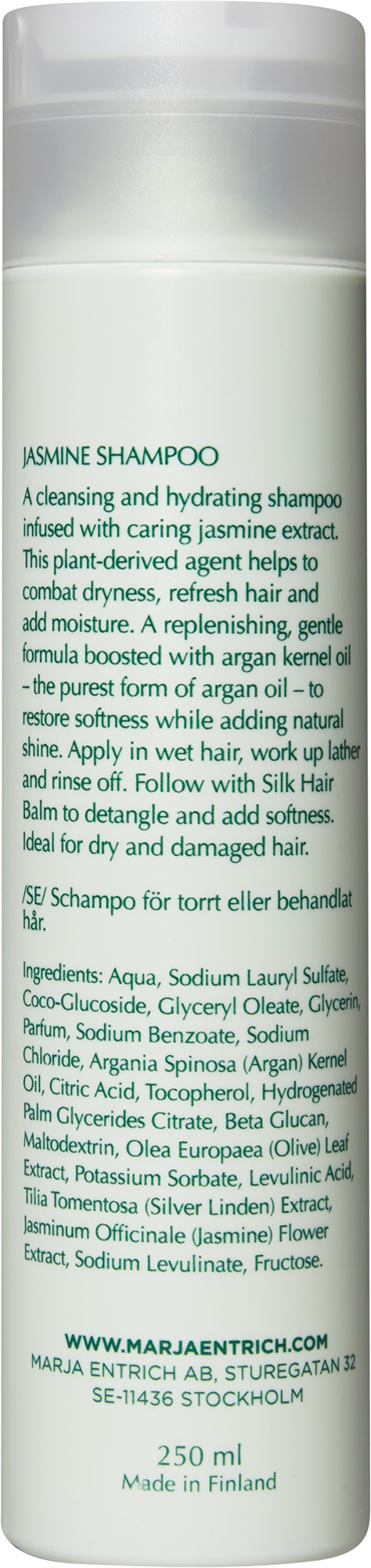 A white shampoo bottle with green text describing jasmine shampoo benefits and ingredients, including oils and plant extracts.