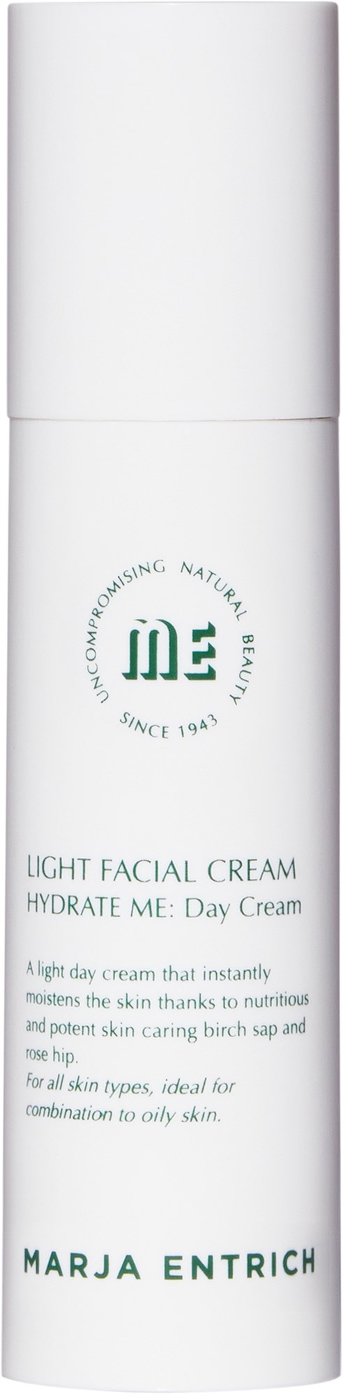 A white bottle of face cream with green text, labeled as Marja Entrich hydrating day cream for all skin types.