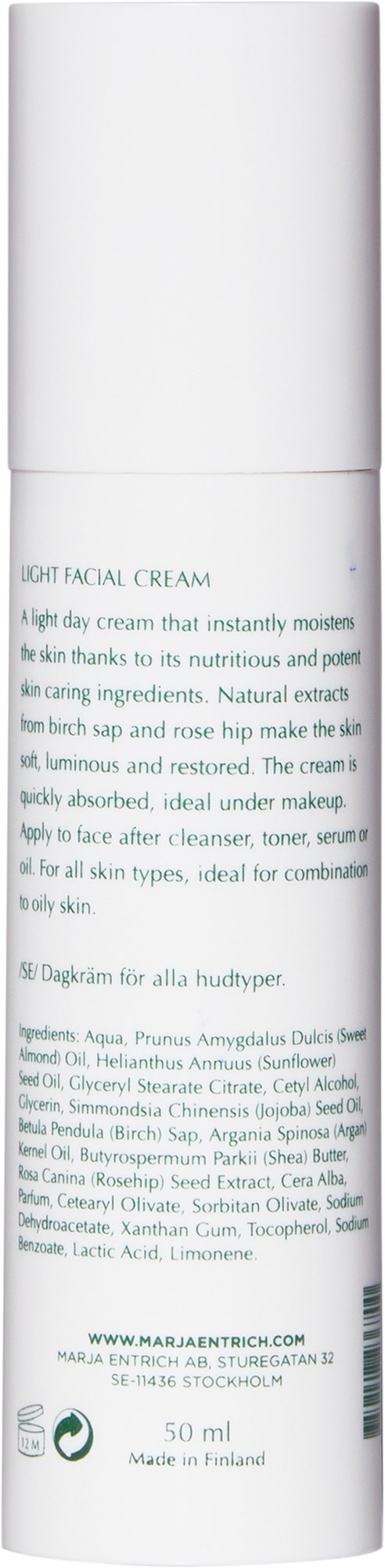 A white cylindrical bottle with text about facial cream, including ingredients, benefits, and origin.
