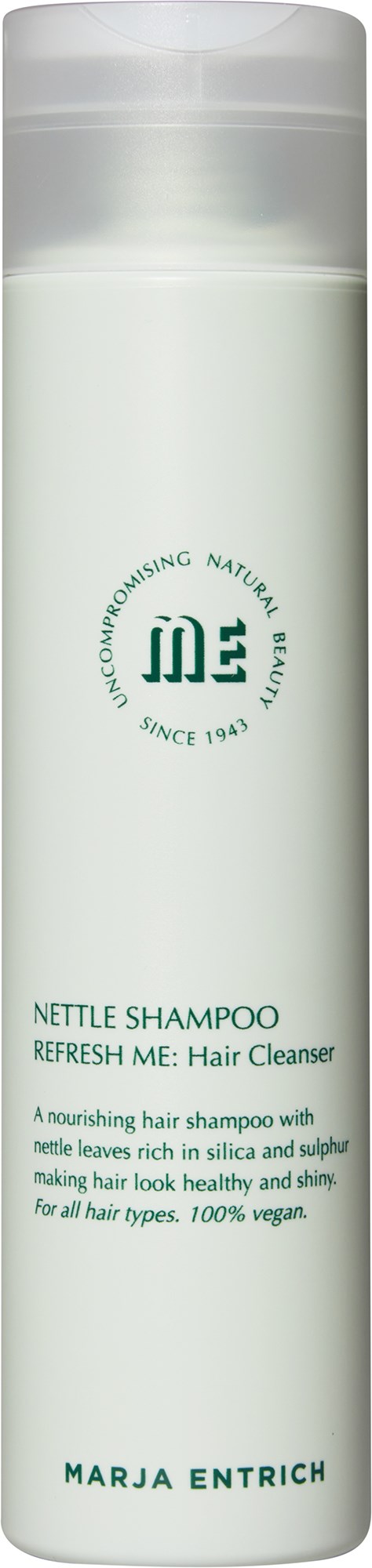 A tall, white bottle of nettle shampoo with green text, labeled for hair cleaning and nourishment, vegan and suitable for all hair types.