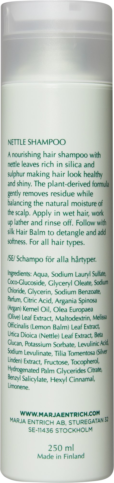White shampoo bottle with green text and ingredients listed, 250 ml capacity, made in Finland.