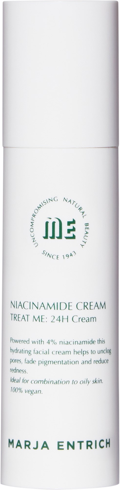 En vit cylindrisk flaska med grön och svart text för hudvårdscreme, märkt "Niacinamide Cream" av Marja Entrich.