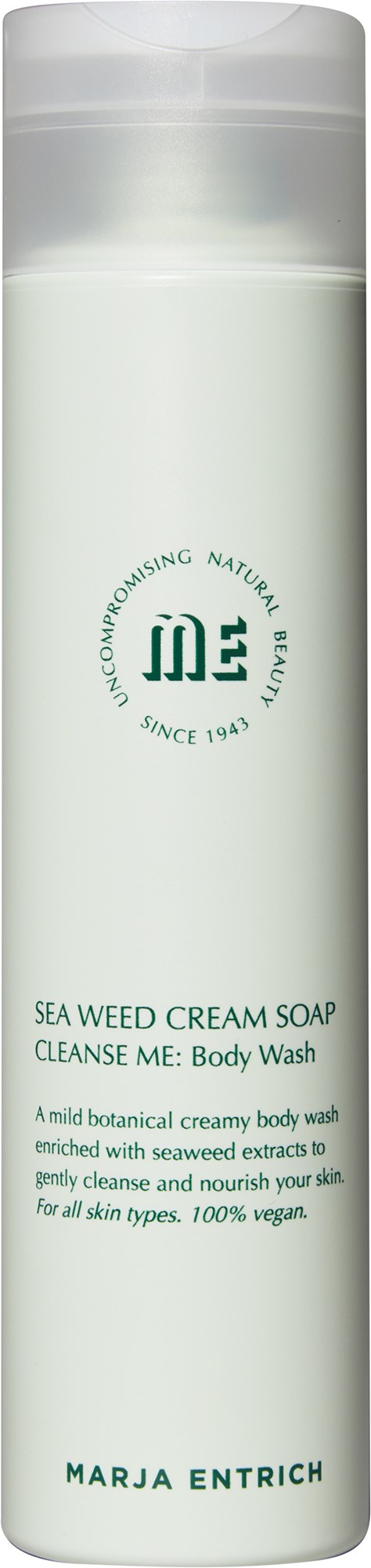 A tall white bottle with green text, labeled Sea Weed Cream Soap by Marja Entrich for body washing.