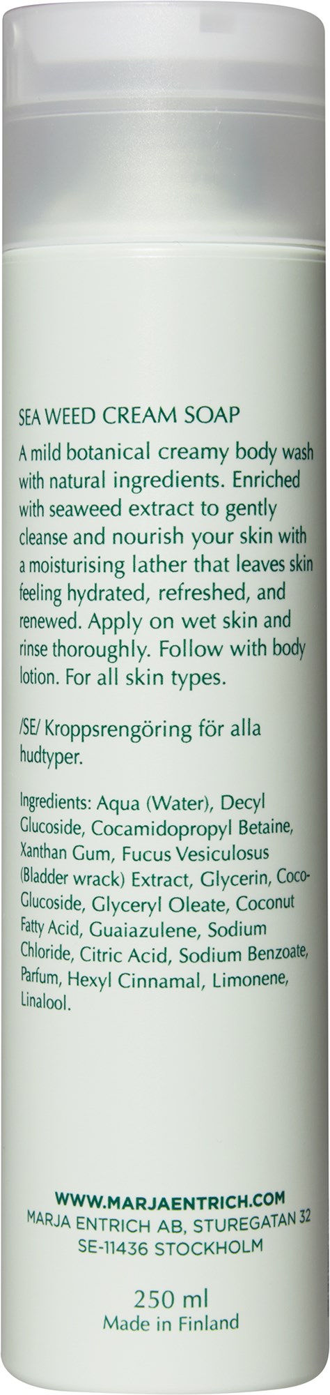 A white bottle labeled 'Seaweed Cream Soap' with instructions and ingredients listed, plus website and size, made in Finland.