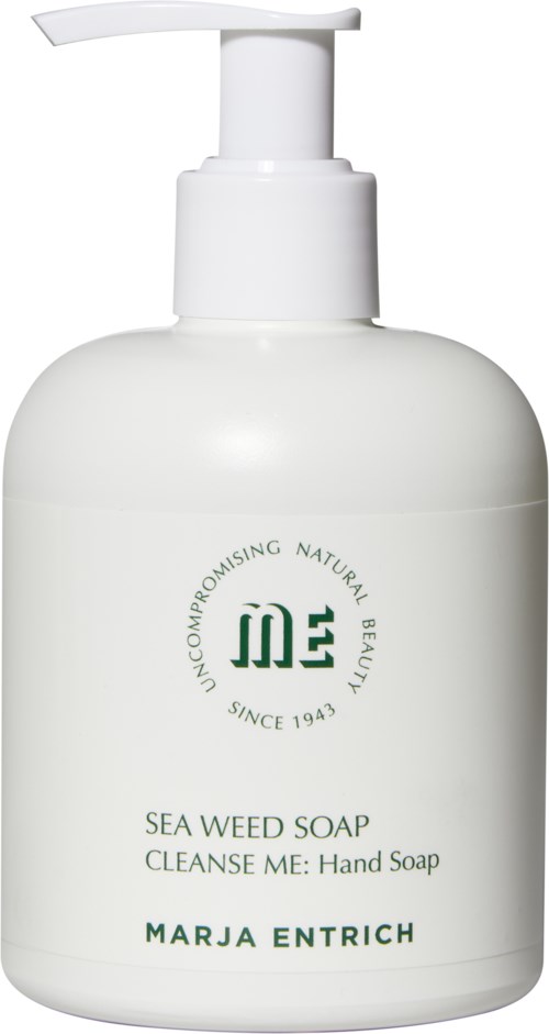 A white pump bottle labeled 'Sea Weed Soap Cleanse Me Hand Soap' by Marja Entrich, with green text and logo.