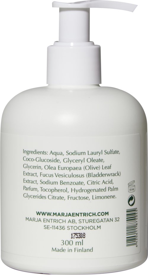 A white bottle with a pump contains a skincare product, with ingredients listed on the back including water, oils, and extracts.