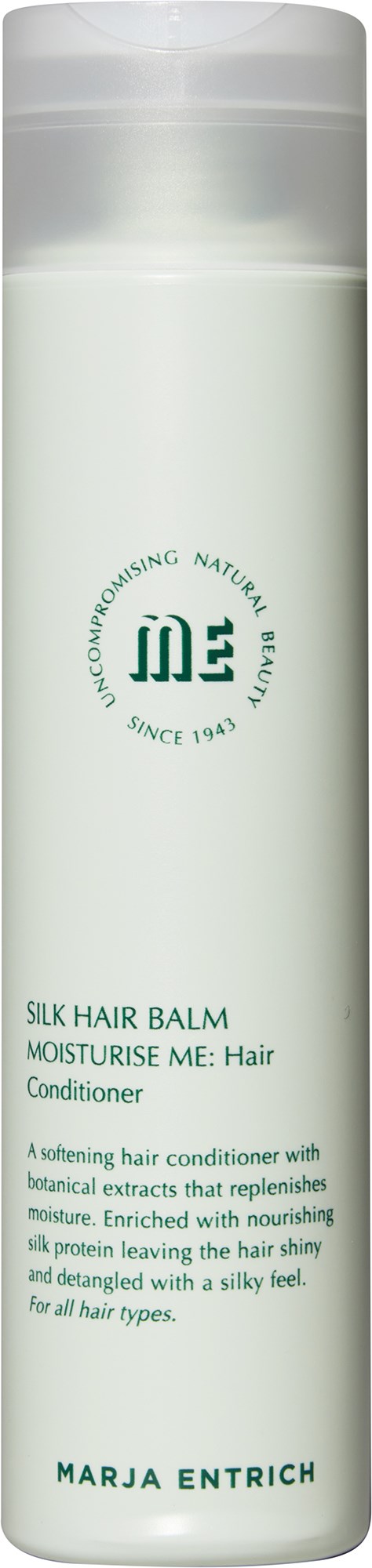 A white cylindrical bottle of silk hair balm with green text and a clear cap.