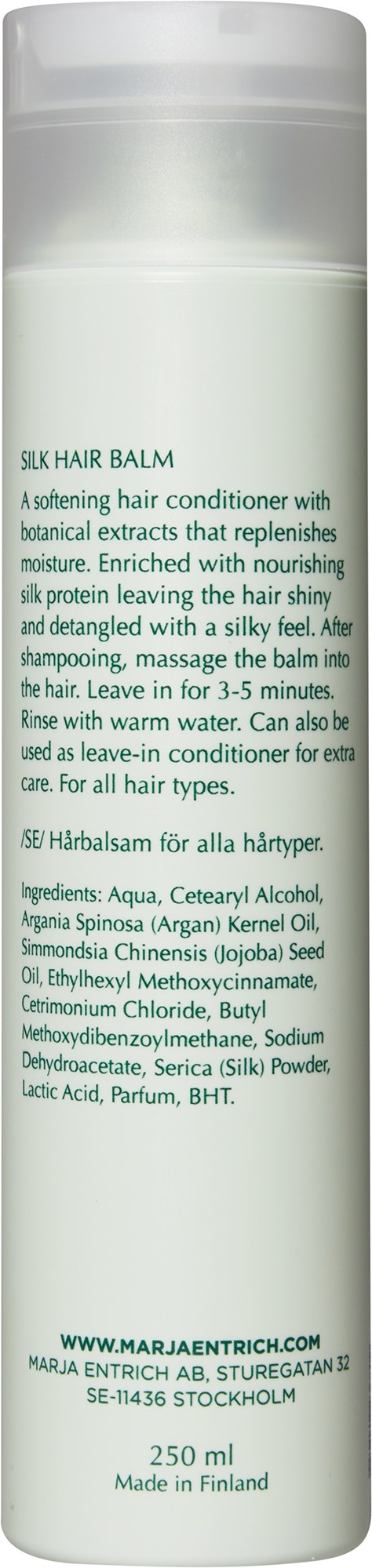 A white bottle of Silk Hair Balm with text describing its nourishing and smoothing benefits for hair.