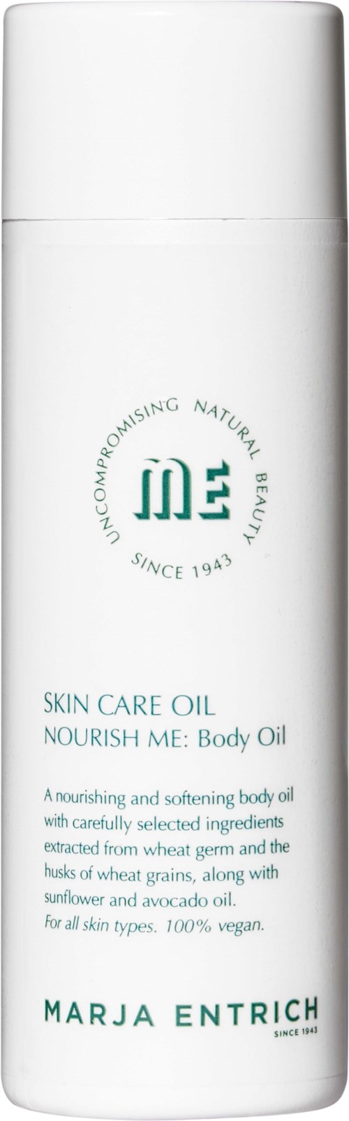 A white bottle with a green logo and text, describing skin care oil for body nourishment, suitable for all skin types.