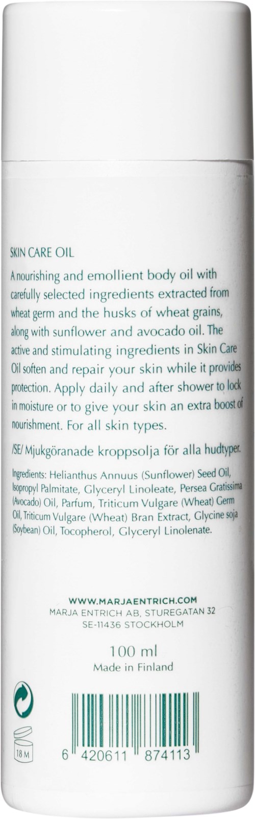 This is a white bottle containing body oil with ingredients like sunflower and avocado oils, suitable for all skin types.