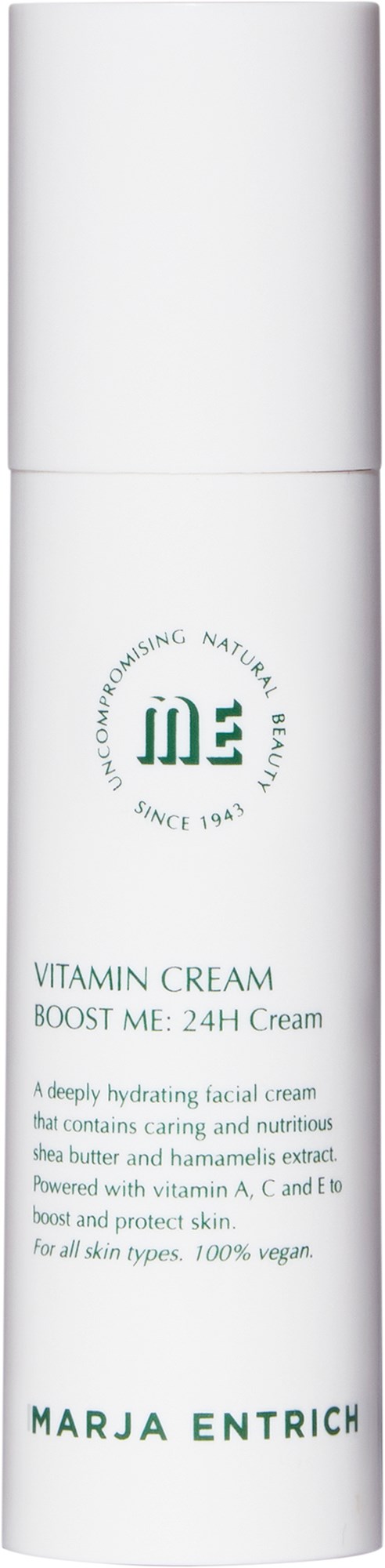 A white bottle of vitamin cream with green text and small logo, labeled as boosting skin with nourishing ingredients.