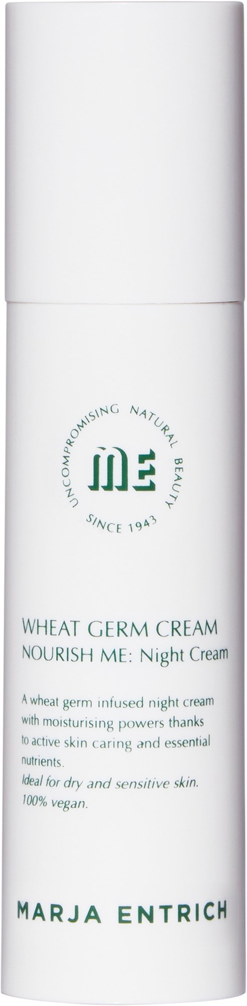 White cylindrical bottle with green text, labeled 'Wheat Germ Cream' for night use, made for dry skin, vegan.