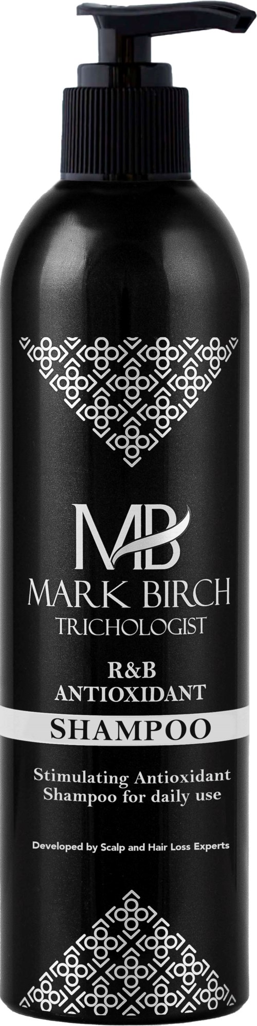 A black shampoo bottle with a pump, white text, and decorative patterns for hair care.