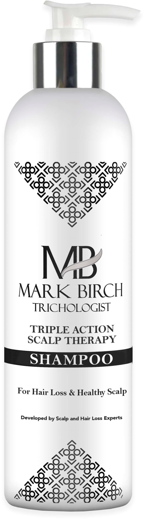 White bottle with black and silver cap, labeled as scalp therapy shampoo for hair loss.