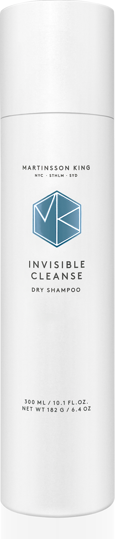 En vit flaska med blå och svart text. Den står 'Martinson King,' 'Invisible Cleanse,' och 'Dry Shampoo.'