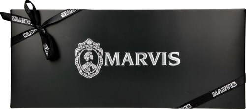 A black rectangular box with a bow and Marvis logo, likely a gift box or packaging.