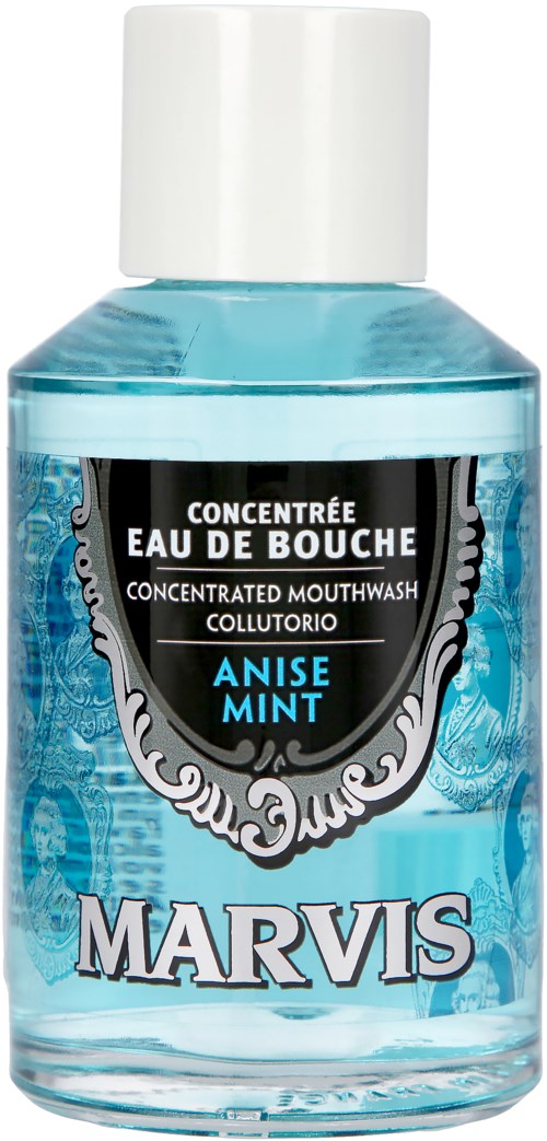 A blue mouthwash bottle labeled 'Marvis Anise Mint' with a white cap.