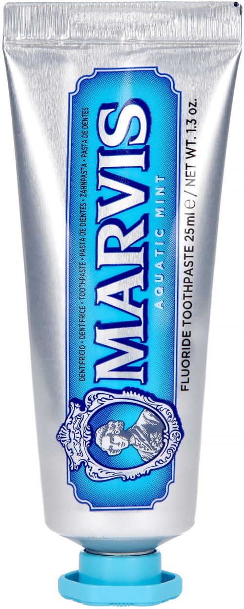 A tube of Marvis fluoride toothpaste with blue and white packaging, featuring the brand name and logo.