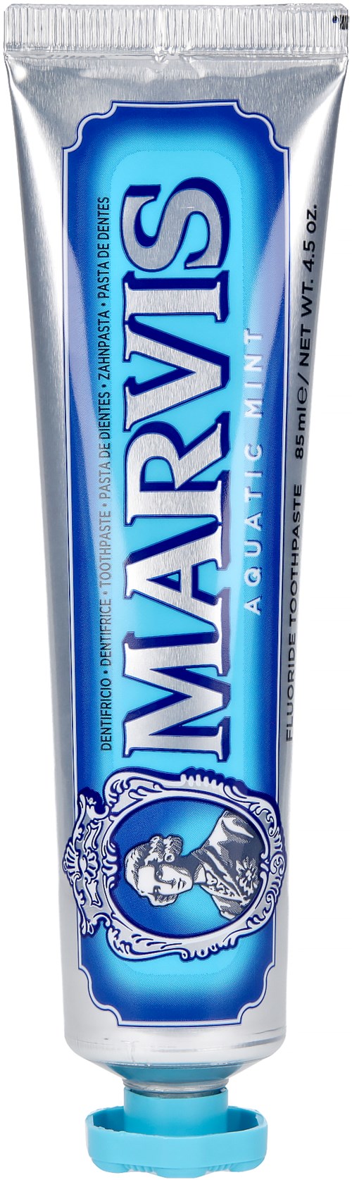 A tube of toothpaste with blue and white packaging, labeled 'MARVIS AQUA TUNDRA'.