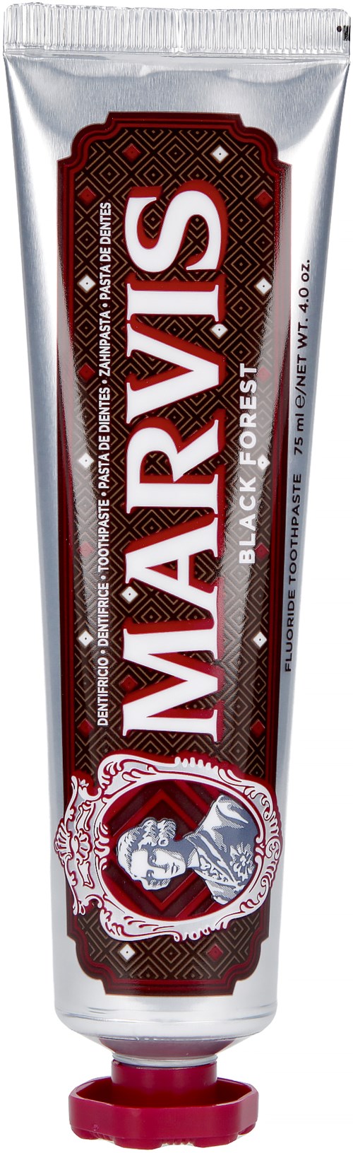 A toothpaste tube with the MARVIS logo, red and silver packaging, and a red cap.