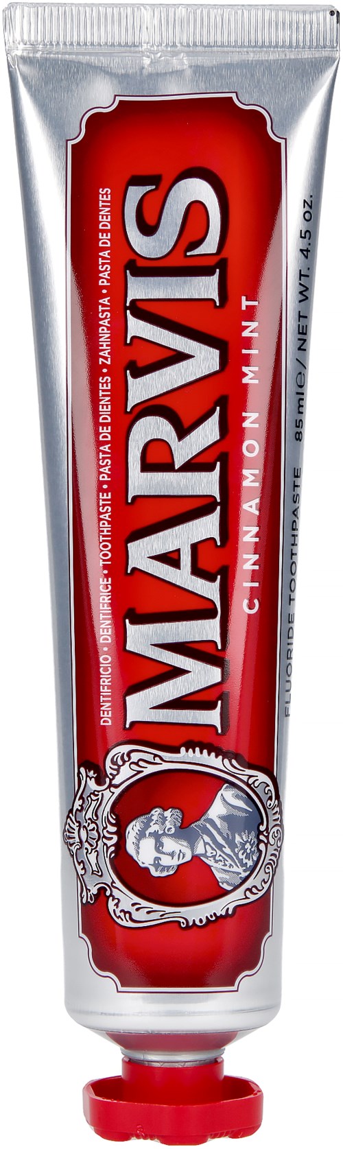 A tube of Marviso Cinnamon Mint paste with red and silver packaging and a red cap.