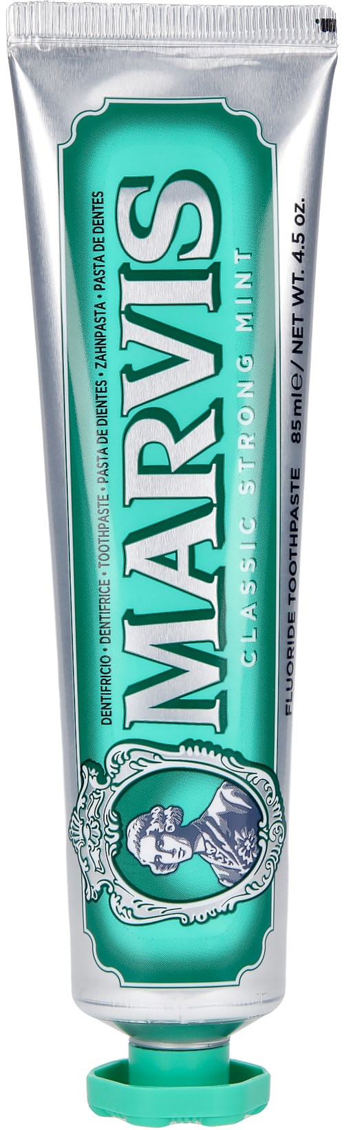 A tube of MARRV'S classic strong toothpaste with a teal and silver design, showing a logo and a man's face.
