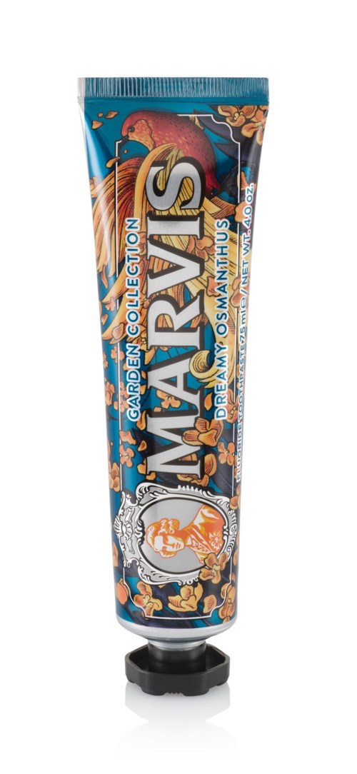 A tube of toothpaste with colorful design and the name 'MAPS' on it.