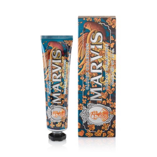 A tube and box of Carolinen collection Dream Musk Anthus, with floral and bird illustrations on blue and orange backgrounds.