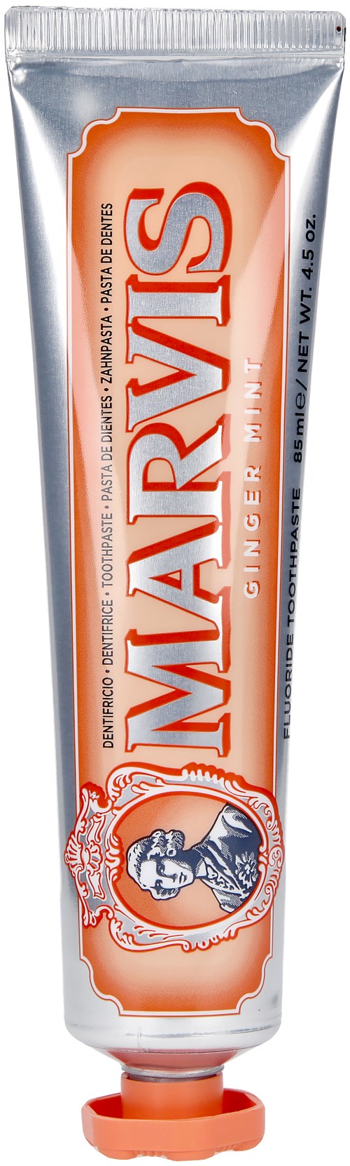 A tube of Mentaris ginger toothpaste with a red cap and label, featuring a man and mint leaves design.