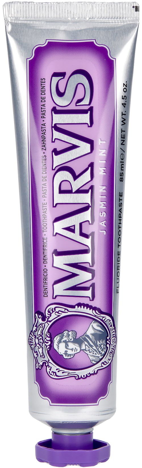A tube of toothpaste labeled 'Marvis' in purple and white colors.