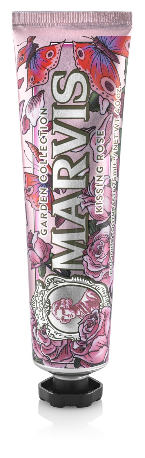 A toothpaste tube with pink and purple flowers and butterflies design, labeled 'ARM&HAMMER' and 'MAVRIK' with black cap.