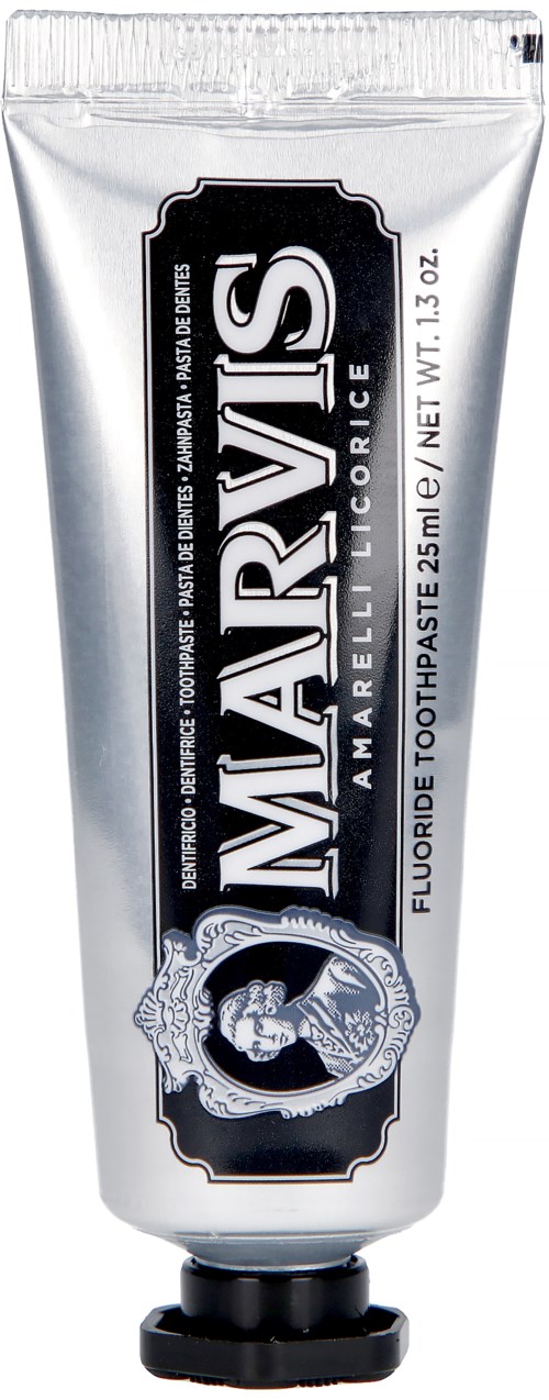 A tube of Marvis Classic Strong Mint toothpaste with silver, black, and white colors and a black cap.
