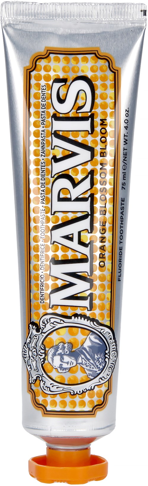 A tube of Margaris toothpaste with a silver body, orange and yellow accents, and a logo with a fish.