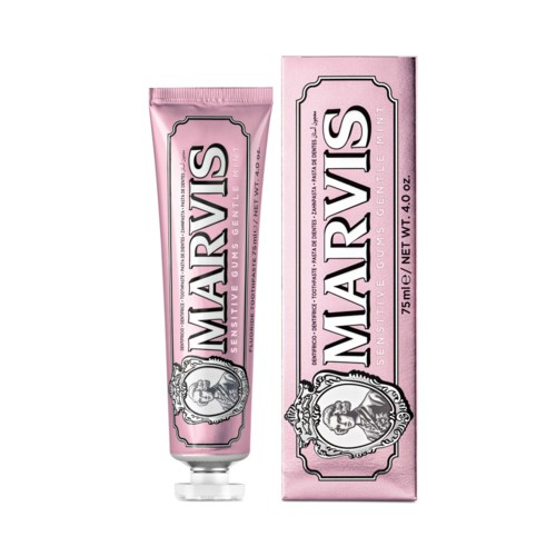 A pink tube of lipstick and a matching pink box, both labeled "Marvis" with decorative portraits.