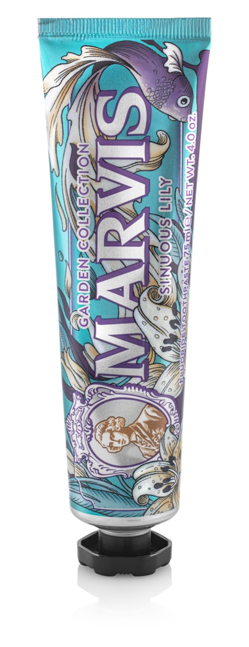 Colorful tube with aquatic animals, including a fish and a dolphin, and the word 'MARVIS' in large letters.
