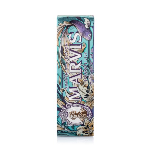Box with a fish and sea wave design, featuring the text "Marvis."