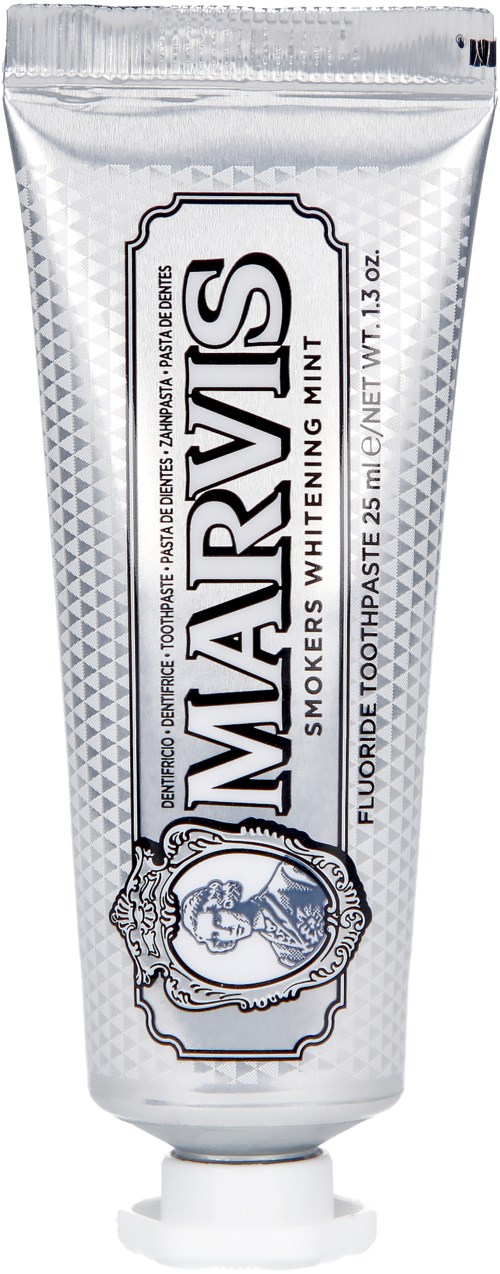 A tube of Marvis toothpaste with mint flavor, 2.5 ounces, in silver and white packaging.