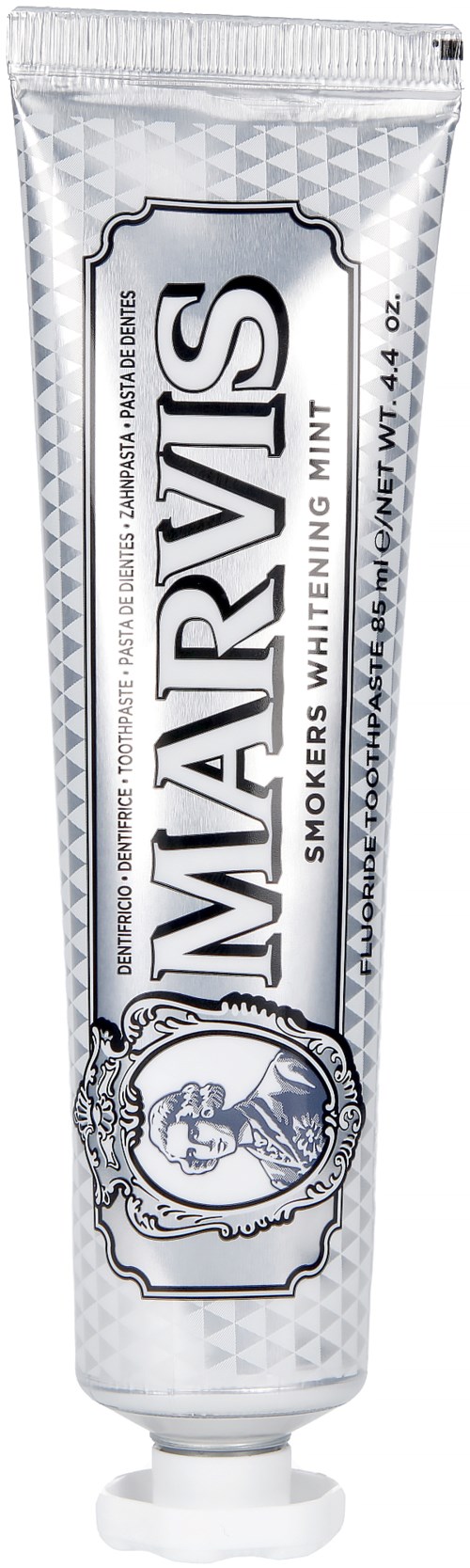 A metal tube of Marlboro smoking and whitening mint toothpaste with a flip cap and brand logo.