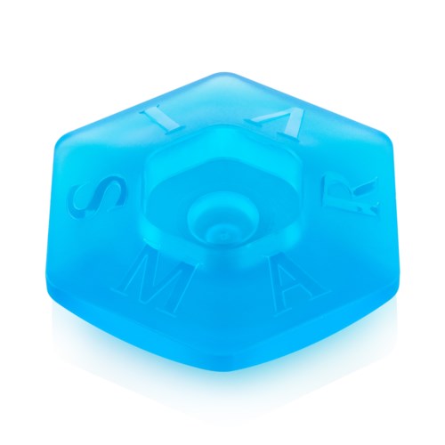 Blue hexagon-shaped soap with the word "SOAP" engraved on it.