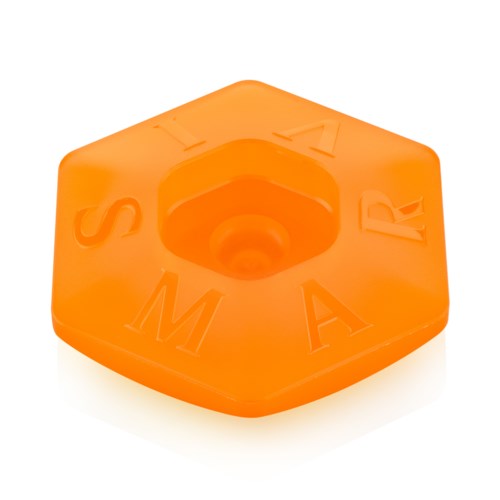 A hexagonal orange object with letters S, M, A, R, and R around a central hole.