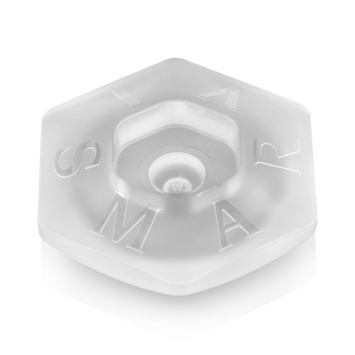 A transparent object with raised letters S, M, A, P on its surface, shaped like a hexagon.