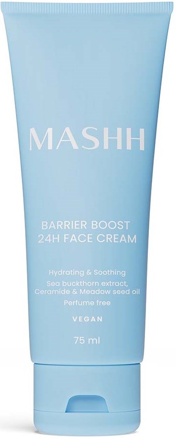 Blaue Tube Gesichtscreme, mit 'MASHH' markiert, für 24h Feuchtigkeit und Beruhigung der Haut. Enthält Sanddorn, Ceramide und Samenöl.