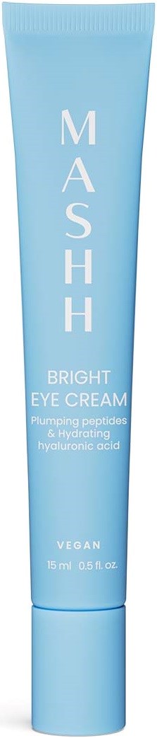 Eine blaue Tube mit Augencreme, beschriftet 'MASHH' mit Inhaltsstoffen wie Peptide und Hyaluronsäure.