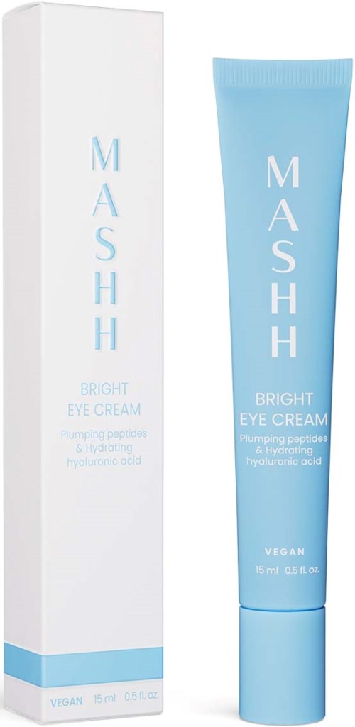 Eine Schachtel und Tube mit MASHH Bright Eye Cream gegen Schwellungen und Feuchtigkeitsmangel, vegan, in blauer und weißer Verpackung.